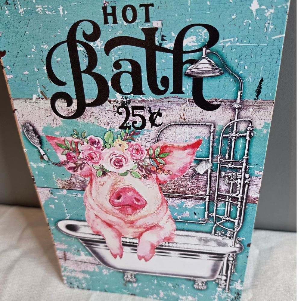 Vintage Style Hot Bath Pig Metal Sign Farmhouse Bathroom Decor Wall Art